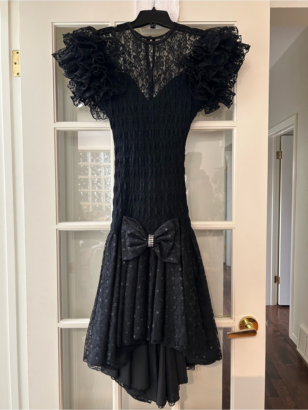 Vintage 1980s Romantic Goth Lace Dress Black Ruffle Party Prom XS